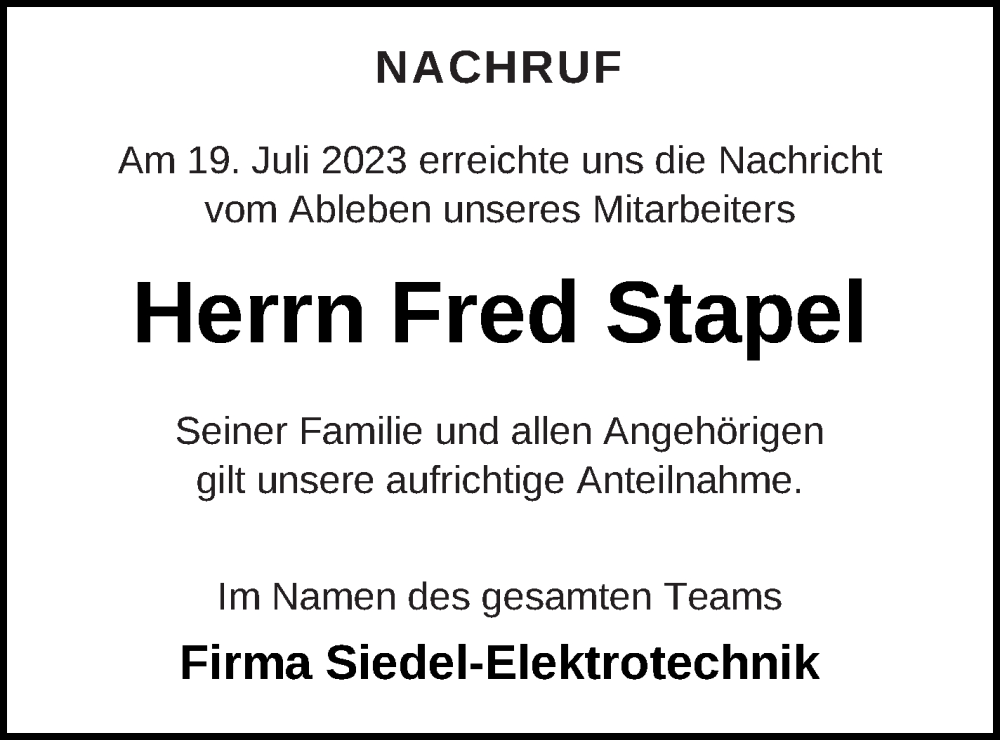  Traueranzeige für Fred Stapel vom 26.07.2023 aus Strelitzer Zeitung