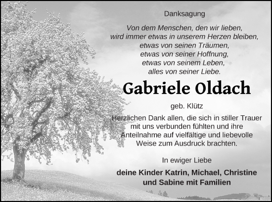 Traueranzeige von Gabriele Oldach von Demminer Zeitung