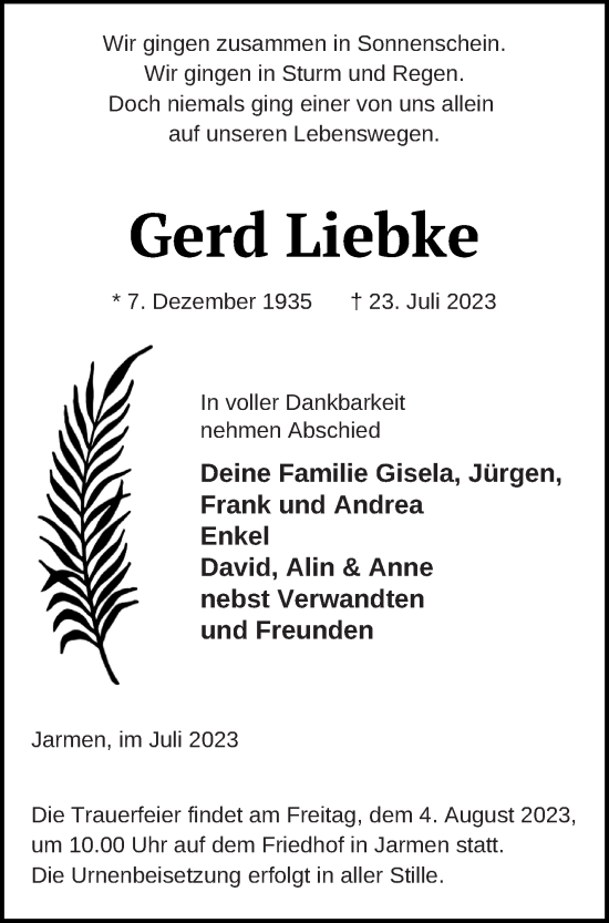 Traueranzeige von Gerd Liebke von Vorpommern Kurier