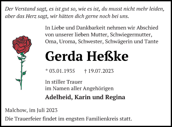 Traueranzeige von Gerda Heßke von Müritz-Zeitung
