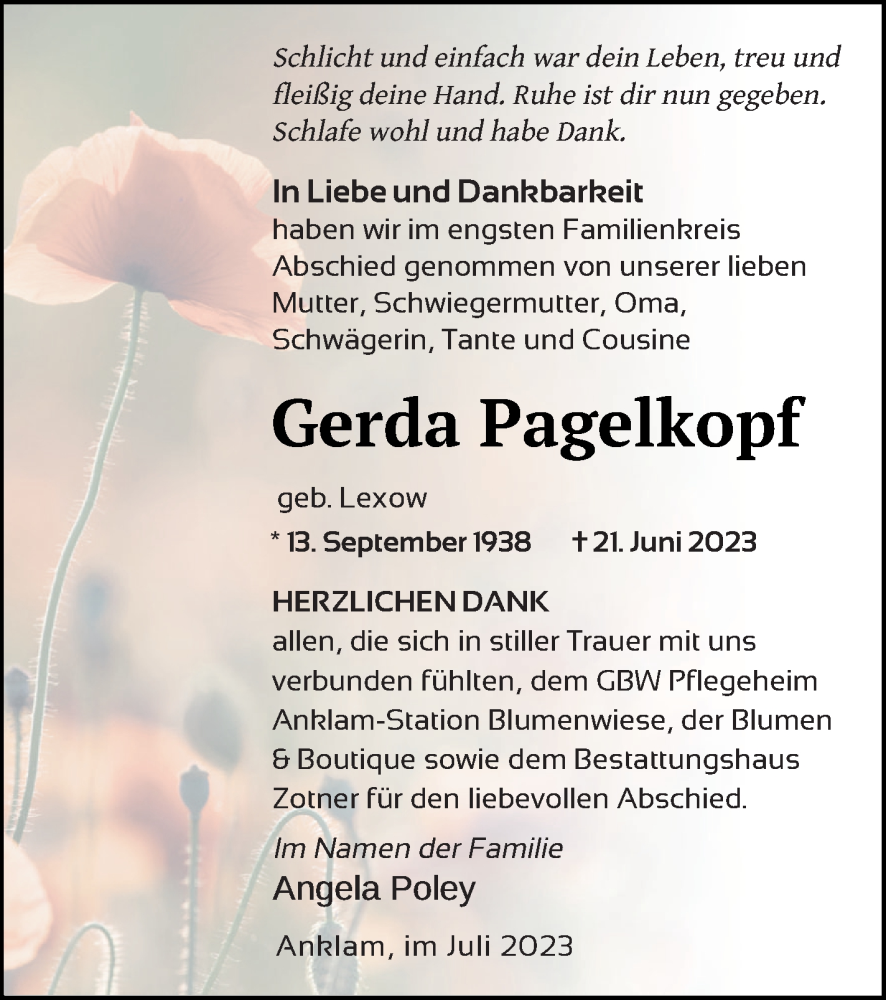  Traueranzeige für Gerda Pagelkopf vom 15.07.2023 aus Vorpommern Kurier