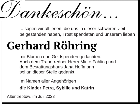 Traueranzeige von Gerhard Röhring von Neubrandenburger Zeitung