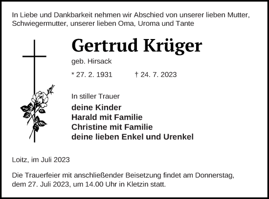 Traueranzeige von Gertrud Krüger von Vorpommern Kurier