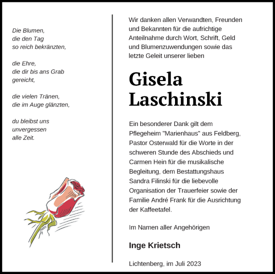 Traueranzeige von Gisela Laschinski von Strelitzer Zeitung