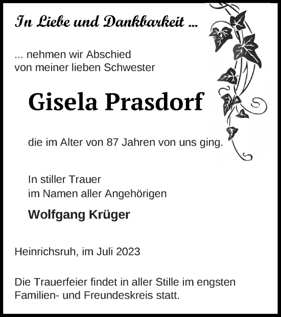 Traueranzeige von Gisela Prasdorf von Haff-Zeitung