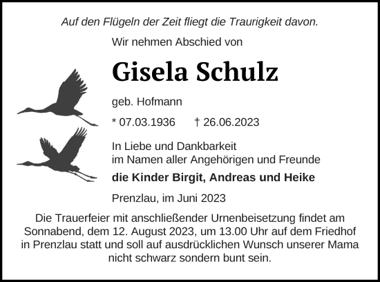 Traueranzeige von Gisela Schulz von Prenzlauer Zeitung