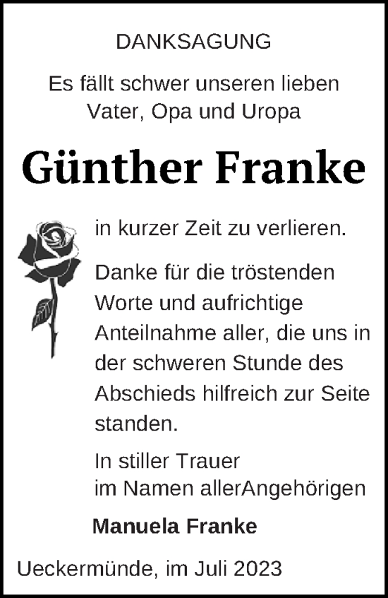 Traueranzeige von Günther Franke von Haff-Zeitung