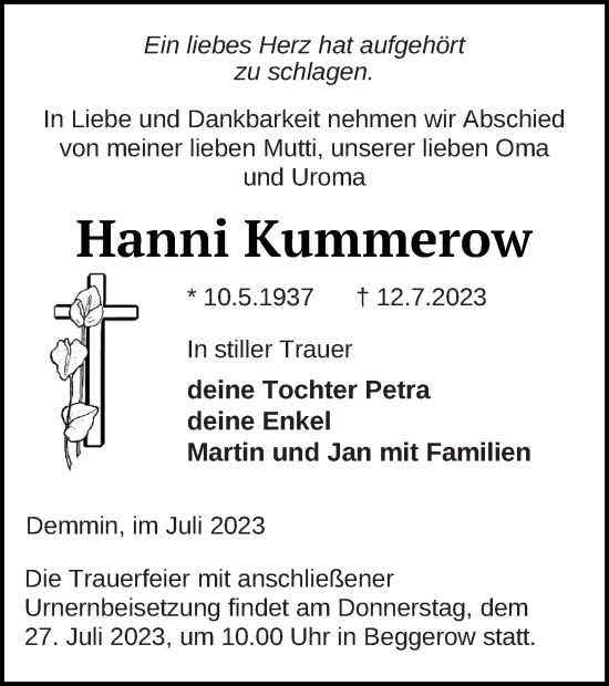 Traueranzeige von Hanni Kummerow von Demminer Zeitung