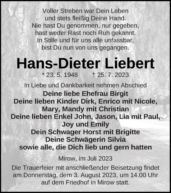 Traueranzeige von Hans-Dieter Liebert von Strelitzer Zeitung