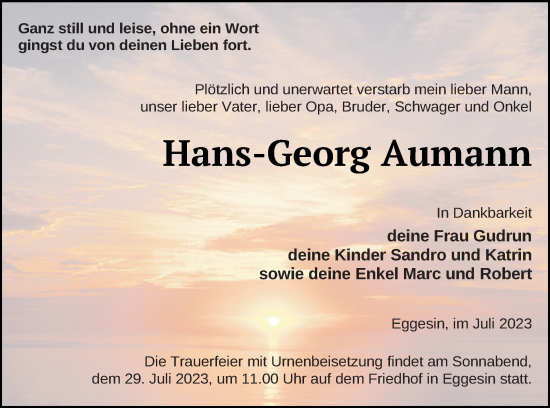 Traueranzeige von Hans-Georg Aumann von Haff-Zeitung
