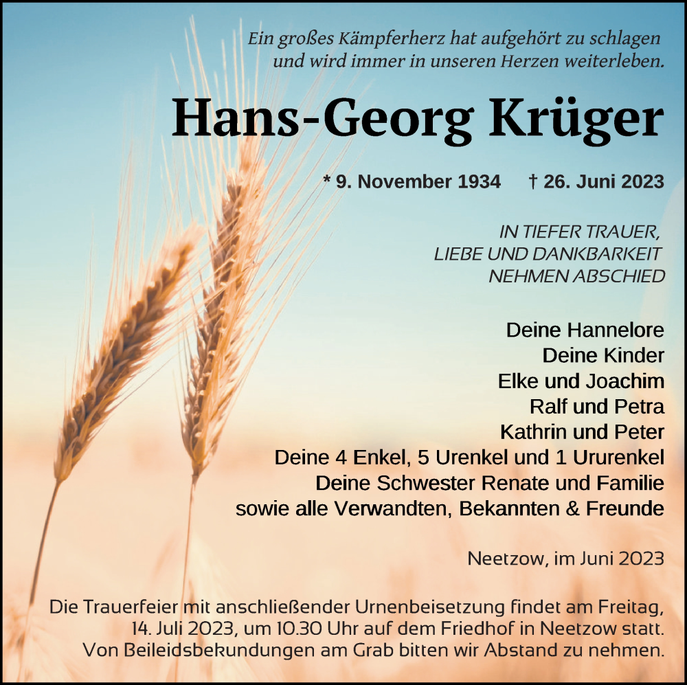  Traueranzeige für Hans-Georg Krüger vom 01.07.2023 aus Vorpommern Kurier