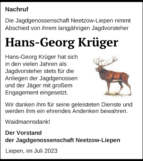 Traueranzeige von Hans-Georg Krüger von Vorpommern Kurier