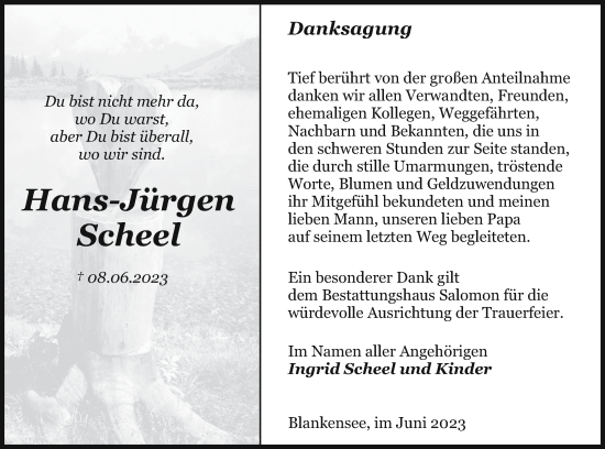 Traueranzeige von Hans-Jürgen Scheel von Pasewalker Zeitung