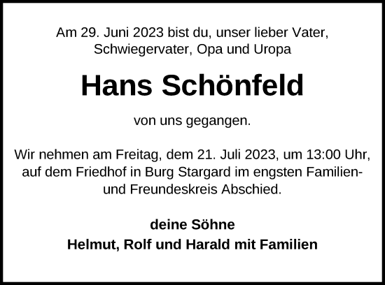 Traueranzeige von Hans Schönfeld von Neubrandenburger Zeitung