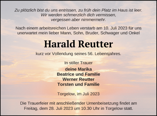 Traueranzeige von Harald Reutter von Haff-Zeitung