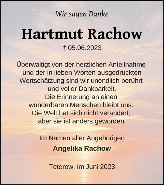 Traueranzeige von Hartmut Rachow von Mecklenburger Schweiz