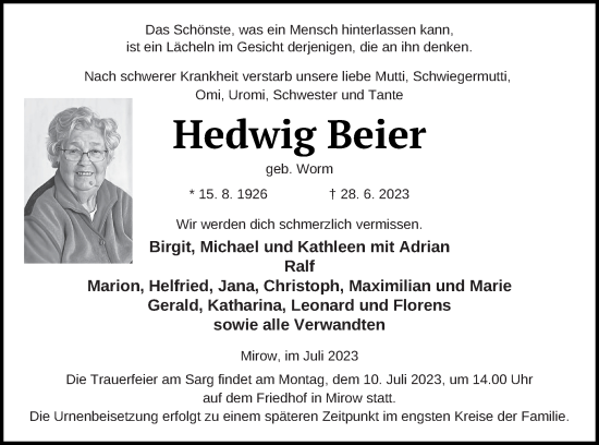 Traueranzeige von Hedwig Beier von Strelitzer Zeitung