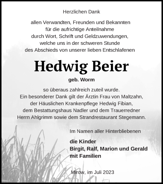 Traueranzeige von Hedwig Beier von Strelitzer Zeitung