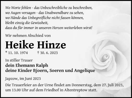 Traueranzeige von Heike Hinze von Neubrandenburger Zeitung