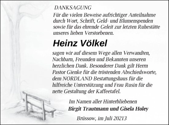 Traueranzeige von Heinz Völkel von Prenzlauer Zeitung