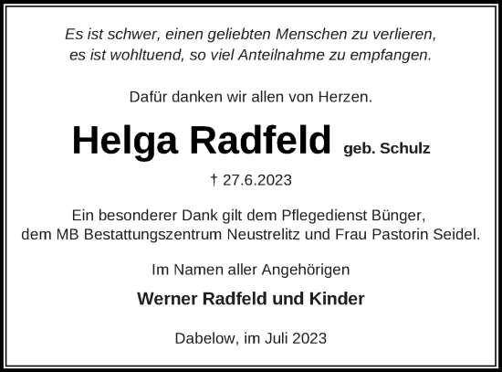 Traueranzeige von Helga Radfeld von Strelitzer Zeitung