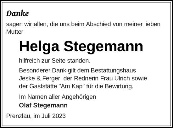 Traueranzeige von Helga Stegemann von Prenzlauer Zeitung