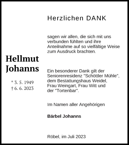 Traueranzeige von Hellmut Johanns von Müritz-Zeitung