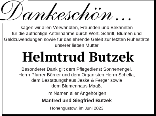 Traueranzeige von Helmtrud Butzek von Prenzlauer Zeitung