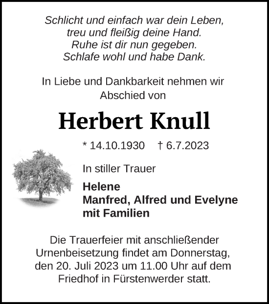 Traueranzeige von Herbert Knull von Prenzlauer Zeitung