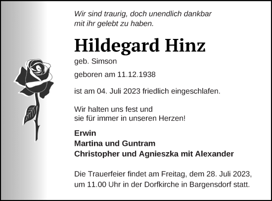 Traueranzeige von Hildegard Hinz von Neubrandenburger Zeitung