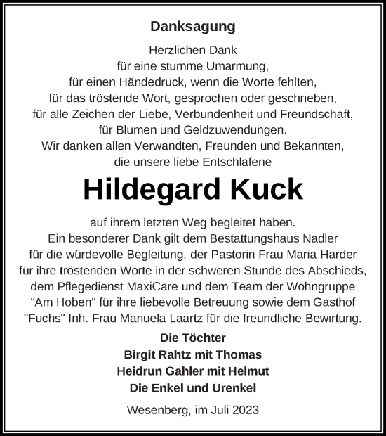 Traueranzeige von Hildegard Kuck von Strelitzer Zeitung