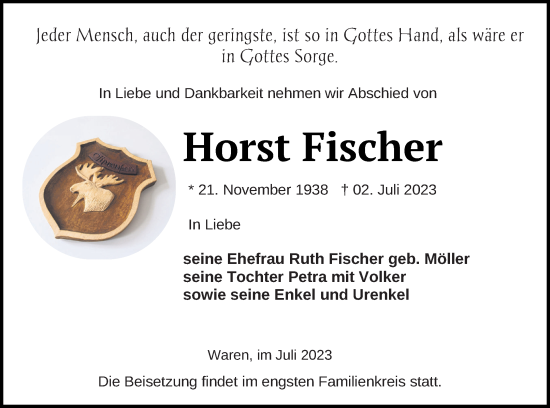 Traueranzeige von Horst Fischer von Müritz-Zeitung