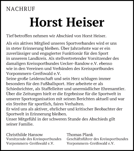 Traueranzeige von Horst Heiser von Haff-Zeitung