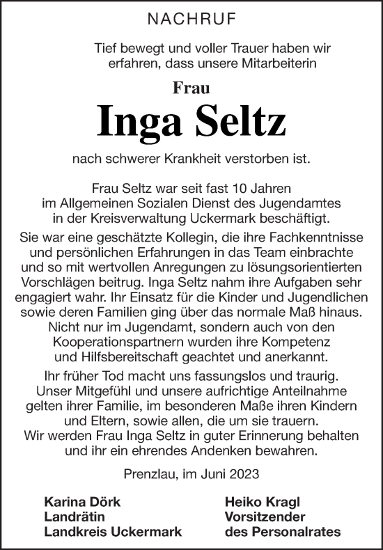 Traueranzeige von Inga Seltz von Uckermark Kombination