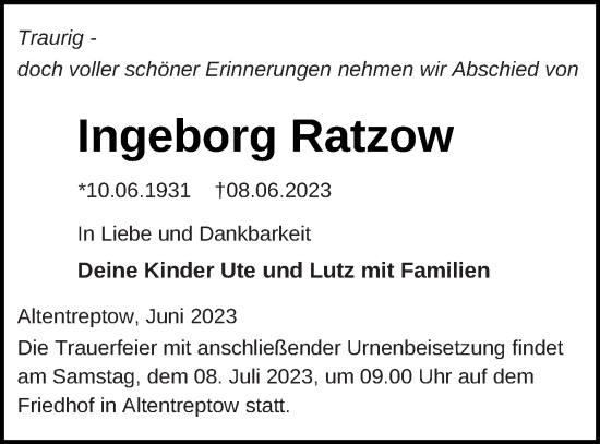 Traueranzeige von Ingeborg Ratzow von Neubrandenburger Zeitung