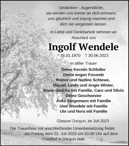 Traueranzeige von Ingolf Wendele von Mecklenburger Schweiz