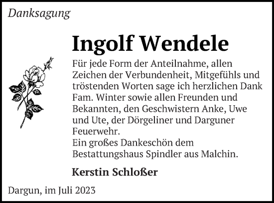 Traueranzeige von Ingolf Wendele von Mecklenburger Schweiz