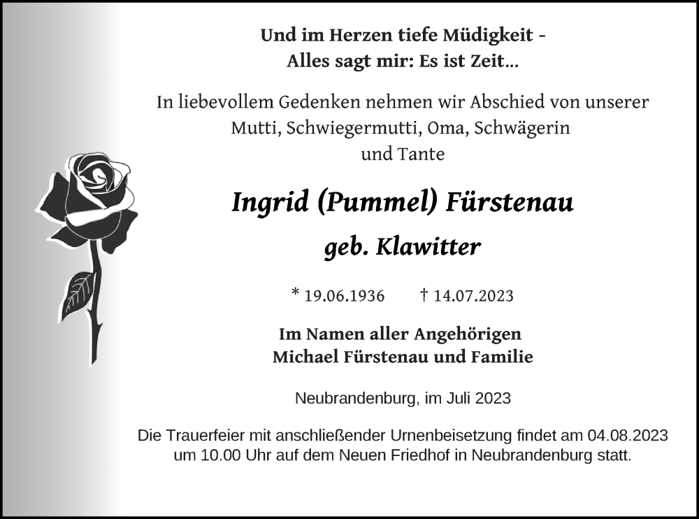  Traueranzeige für Ingrid Fürstenau vom 22.07.2023 aus Neubrandenburger Zeitung