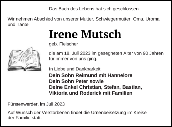 Traueranzeige von Irene Mutsch von Prenzlauer Zeitung