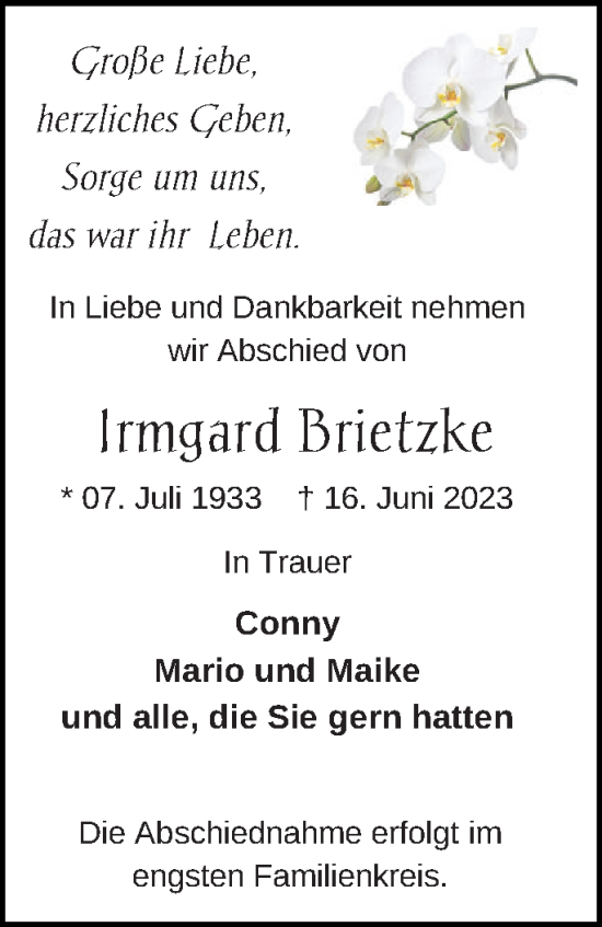 Traueranzeige von Irmgard Brietzke von Müritz-Zeitung