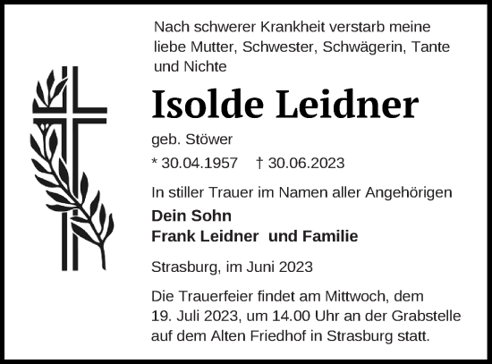 Traueranzeige von Isolde Leidner von Pasewalker Zeitung