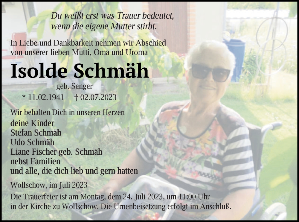  Traueranzeige für Isolde Schmäh vom 07.07.2023 aus Demminer Zeitung