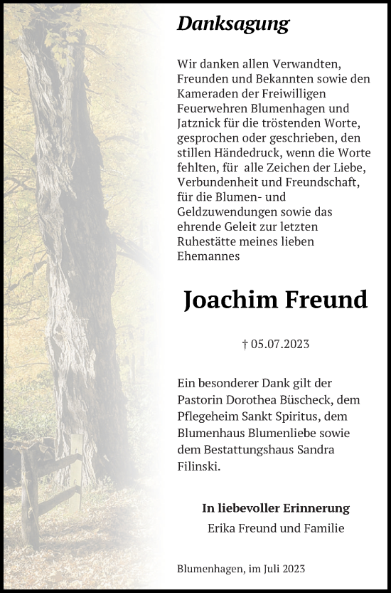 Traueranzeige von Joachim Freund von Pasewalker Zeitung