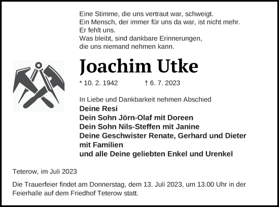 Traueranzeige von Joachim Utke von Mecklenburger Schweiz