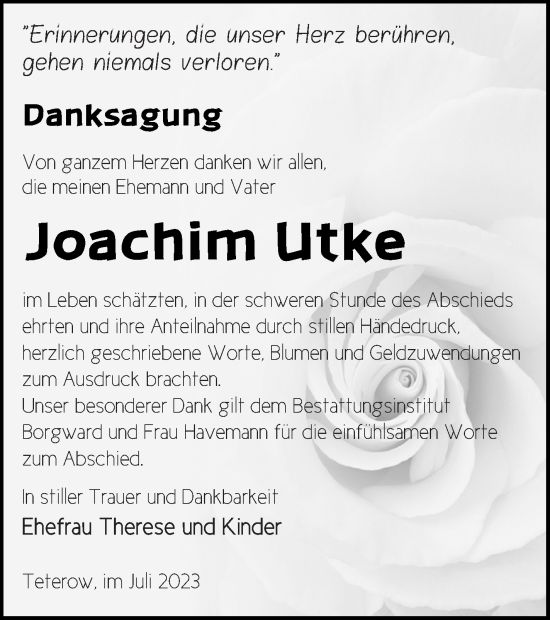 Traueranzeige von Joachim Utke von Mecklenburger Schweiz