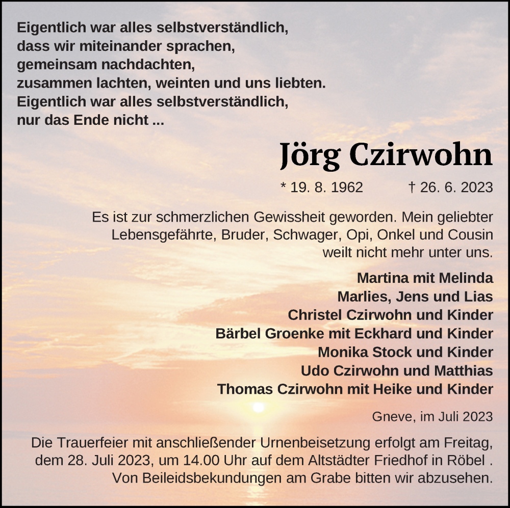  Traueranzeige für Jörg Czirwohn vom 14.07.2023 aus Müritz-Zeitung