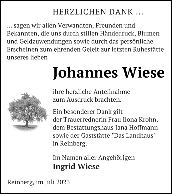 Traueranzeige von Johannes Wiese von Neubrandenburger Zeitung