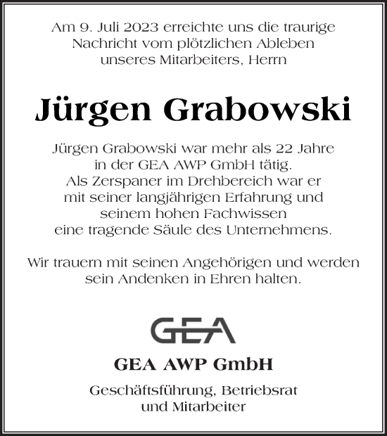 Traueranzeige von Jürgen Grabowski von Prenzlauer Zeitung