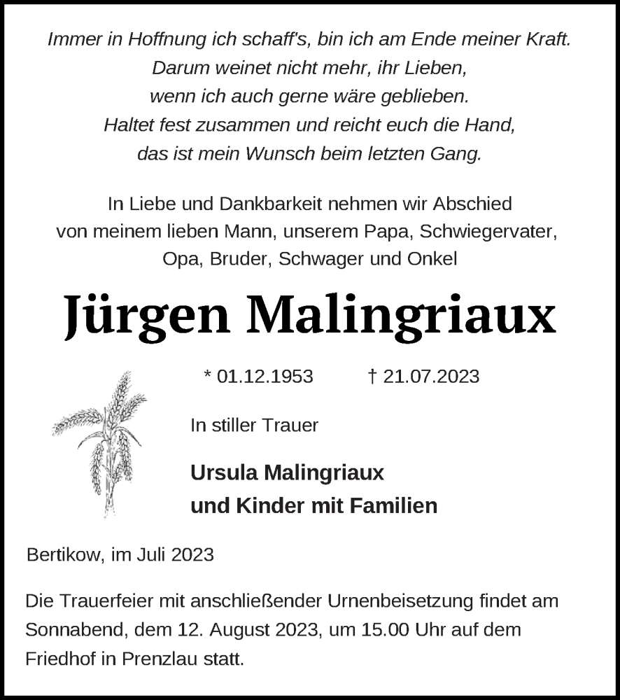  Traueranzeige für Jürgen Malingriaux vom 28.07.2023 aus Prenzlauer Zeitung