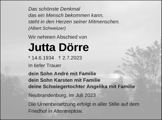 Traueranzeige von Jutta Dörre von Neubrandenburger Zeitung